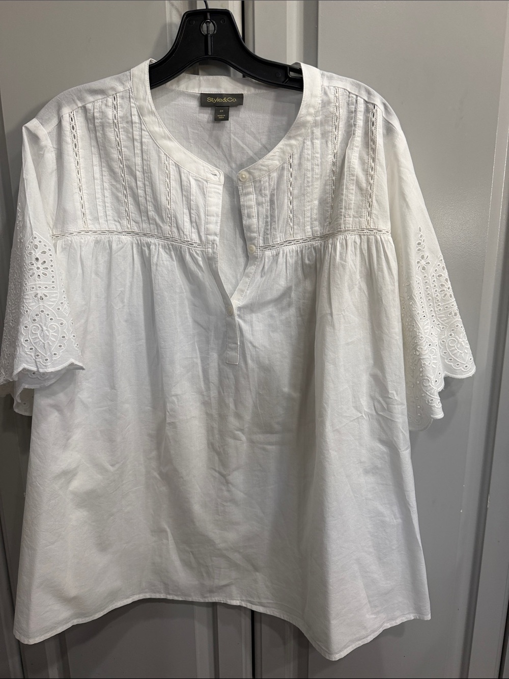 Style & Co. White Eyelet Flutter Sleeve Peasant Blouse Sz 2X